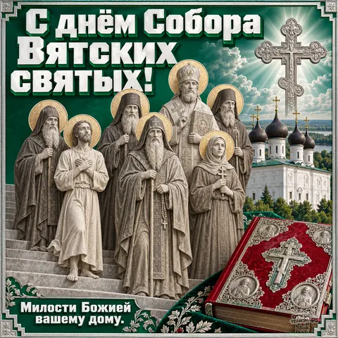 Открытка «Собор Вятских святых, с днём собора, сияющий крест в небе, напрестольное Евангелие, милости Божией вашему дому»