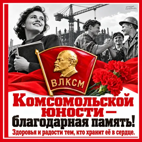 Открытка «День рождения Комсомола, девушка с книгой строители на стройке и красные гвоздики»