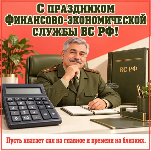 Открытка «День финслужбы ВС РФ, офицер с седыми усами, калькулятор, папка ВС РФ и блокнот» — День финансово-экономической службы ВС РФ