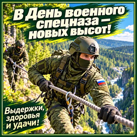 Открытка «День военного спецназа, верёвочная переправа»