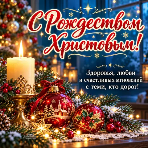 Открытка «С Рождеством Христовым, красные шары и свеча в золотом подсвечнике»