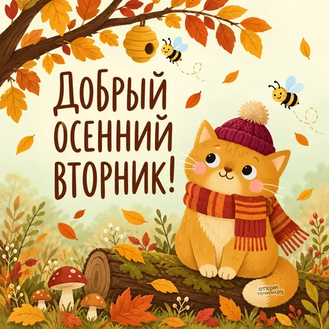 Открытка «Добрый осенний вторник, котик в шапке и пчёлки» — Доброе утро