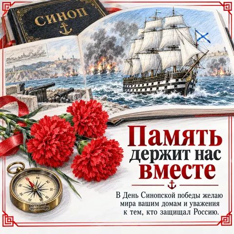 Открытка «День Синопской победы, книга с морским боем и гвоздики» — День победы русской эскадры у мыса Синоп