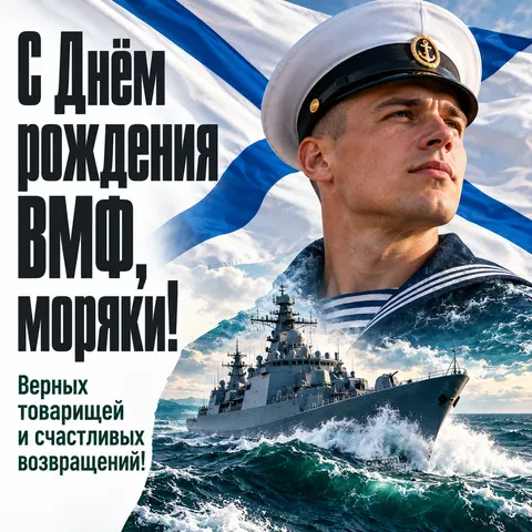 Открытка «День рождения ВМФ, моряк в фуражке, военный корабль и Андреевский флаг» — День моряка-надводника