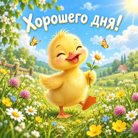 Открытка «Хорошего дня, жёлтый утёнок с ромашкой на лугу»
