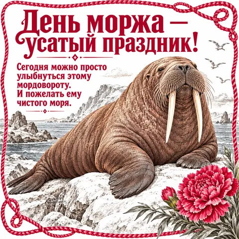 Открытка «День моржа, Морж на каменистом берегу с цветами»