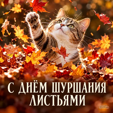 Открытка «С Днём шуршания листьями, полосатый кот играет в листве»
