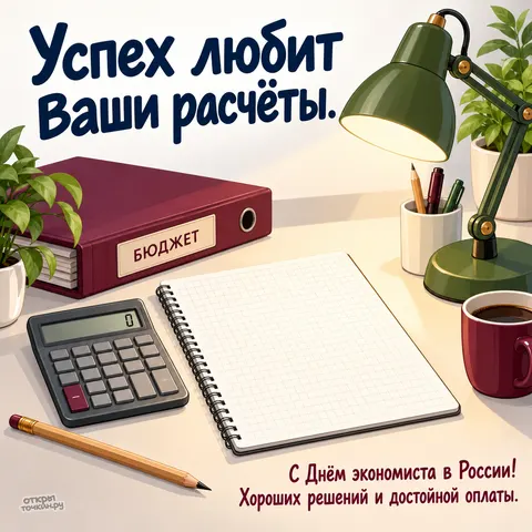 Открытка «День экономиста в России, блокнот калькулятор и папка бюджет у лампы»