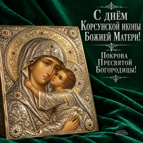 Открытка «Корсунская икона Божией Матери, с днём корсунской иконы божией матери, покрова пресвятой богородицы, серебряный оклад на зелёном бархате» — Праздник Корсунской иконы Божией Матери