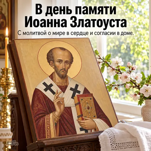 Открытка «День памяти Иоанна Златоуста, икона на аналое со свечой и цветами у окна» — День памяти святителя Иоанна Златоуста