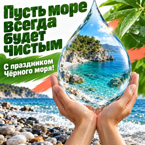 Открытка «День Чёрного моря, ладони с каплей воды и бухтой, галечный берег, чистое море»