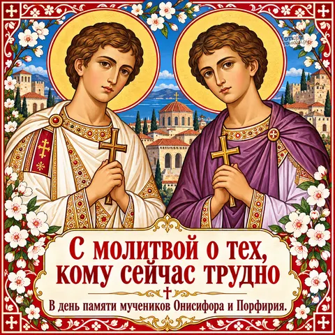 Открытка «День памяти Онисифора и Порфирия, образы на фоне прибрежного храма и цветов» — День памяти мучеников Онисифора и Порфирия