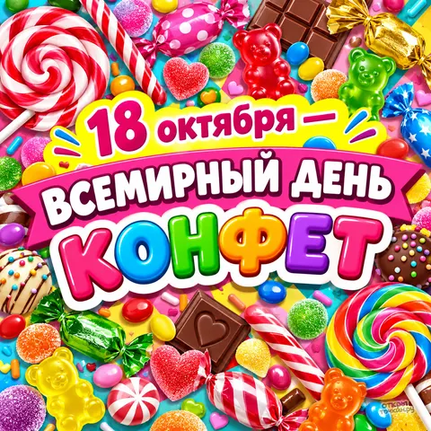 Открытка «Всемирный день конфет, 18 октября, яркая открытка с желейными мишками и леденцами»