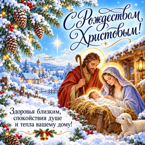 Открытка «С Рождеством Христовым, Святая семья и заснеженные еловые ветви»