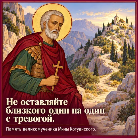 Открытка «День памяти великомученика Мины Котуанского, Мина с крестом на фоне церкви на горе»