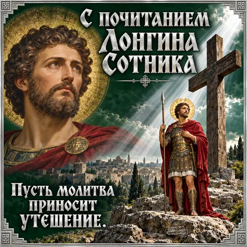 Открытка «День памяти Лонгина Сотника, с почитанием сотника, портрет и фигура у креста над городом, пусть молитва приносит утешение» — День памяти святого мученика Лонгина Сотника