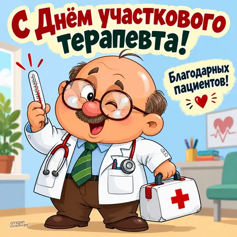 Открытка «С днём участкового терапевта, благодарных пациентов, мультяшный врач с градусником и аптечкой»
