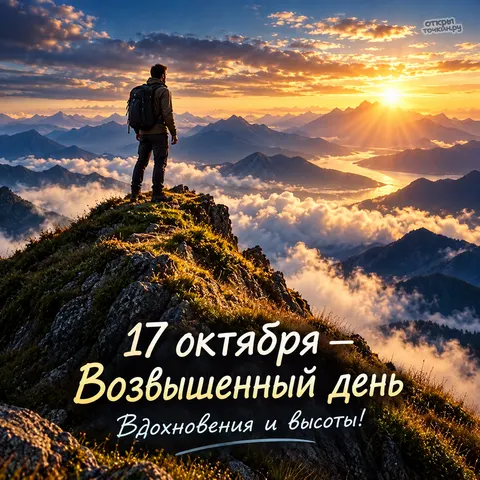 Открытка «Возвышенный день, 17 октября, турист на скале над морем облаков, вдохновения и высоты»