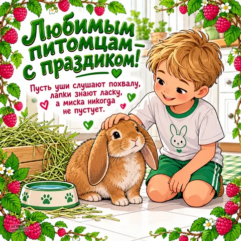 Открытка «Всемирный день домашних животных, мальчик гладит кролика у малины счастье с длинными ушами»