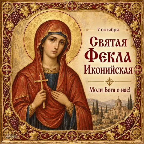 Открытка «С днём памяти святой Феклы, икона в золотой раме» — Равноапостольная Фекла Иконийская