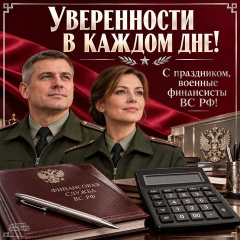 Открытка «День финслужбы ВС РФ, пара финансистов, папка финслужбы, калькулятор и герб» — День финансово-экономической службы ВС РФ