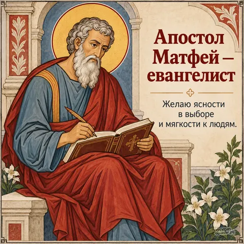 Открытка «День памяти апостола Матфея, апостол Матфей пишет Евангелие с лилиями в арке»