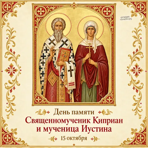 Открытка «День памяти, Священномученик Киприан и мученица Иустина, 15 октября»
