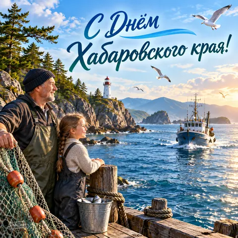 Открытка «День Хабаровского края, дед с внучкой на причале с сетями и маяком»