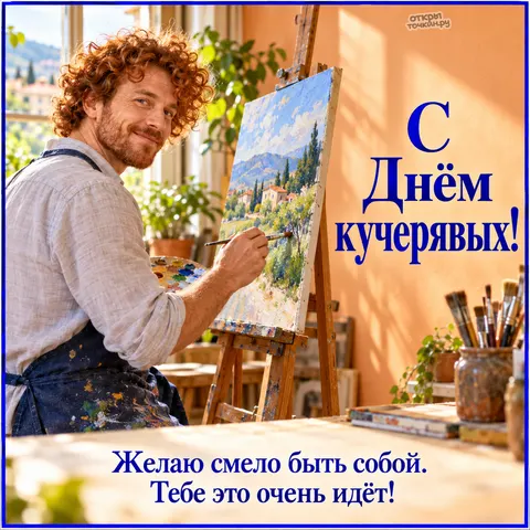 Открытка «День кучерявых художник у окна 5»