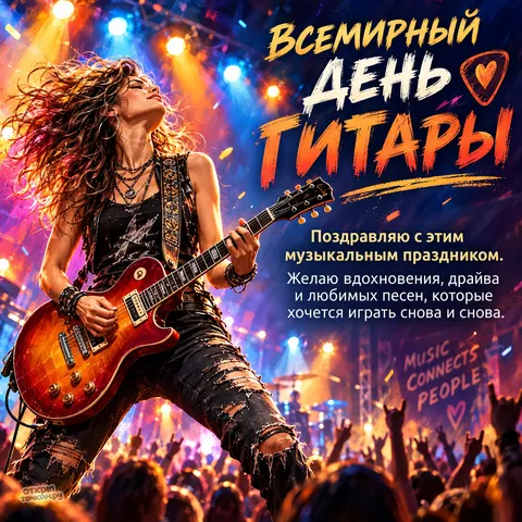 Открытка «Всемирный день гитары, девушка с электрогитарой на сцене»