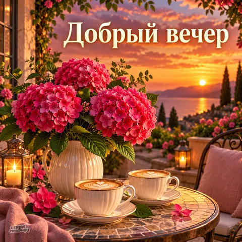 Открытка «Добрый вечер, гортензии и кофе с сердечками на террасе»