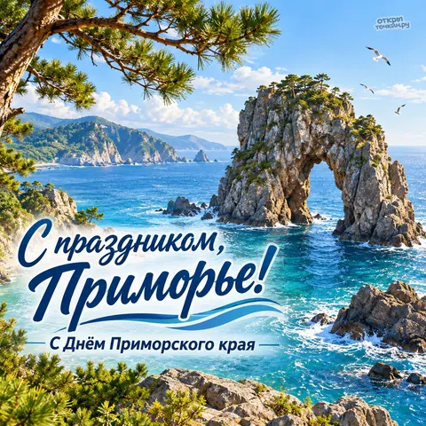 Открытка «День Приморского края, морской кекур и сосновая ветка»