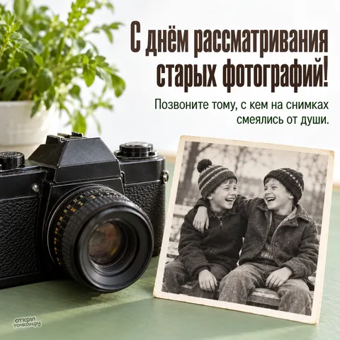 Открытка «День рассматривания старых фотографий, зенит и снимок смеющихся мальчиков на лавке»