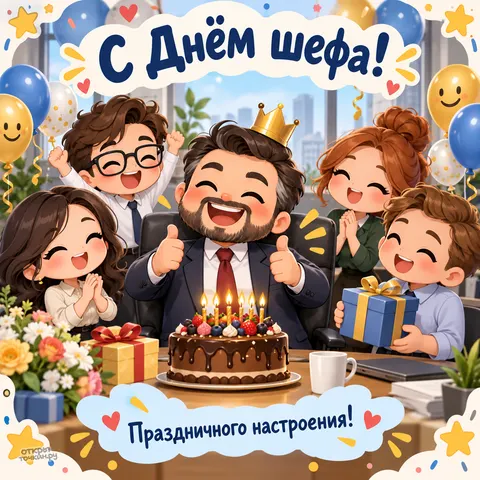 Открытка «С днём босса, больших достижений, шеф в плаще супергероя и команда»