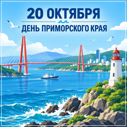 Открытка «День Приморского края, красный мост маяк и город у моря»