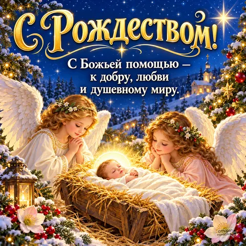Открытка «С Рождеством Христовым, ангелы у яслей и праздничная ёлка»