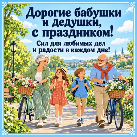 Открытка «День бабушек и дедушек, велосипеды с цветами в парке, бабушка дедушка и двое внуков»