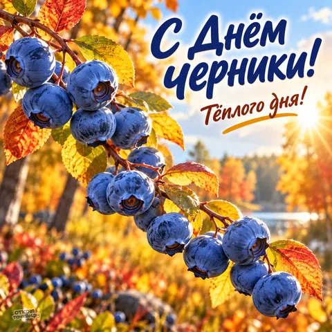 Открытка «День чёрники, тёплого дня, осенняя ветка с ягодами»