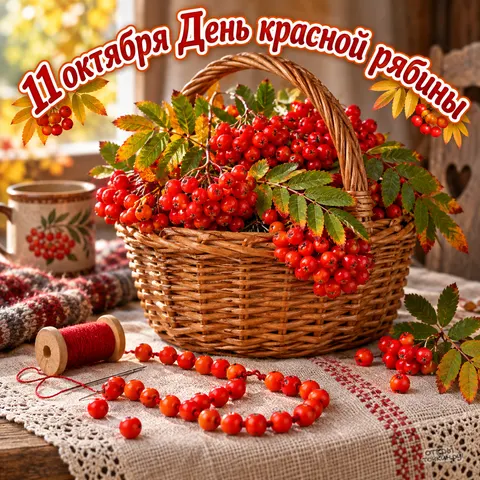 Открытка «Корзина с рябиной и бусами» — День красной рябины