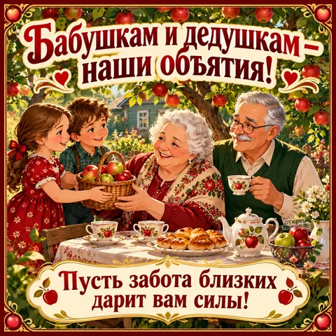Открытка «День бабушек и дедушек, корзина яблок в саду, внуки бабушка и дедушка за столом»