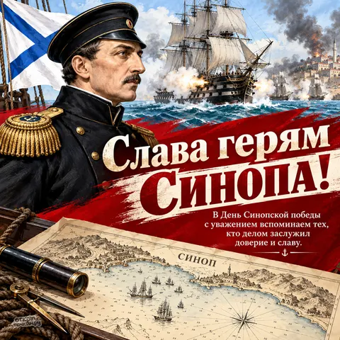 Открытка «День Синопской победы, адмирал на фоне сражения и карты синопа» — День победы русской эскадры у мыса Синоп