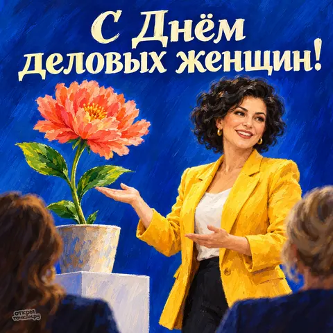 Открытка «День деловых женщин, ноутбук с графиками и роборука» — День деловых женщин в России
