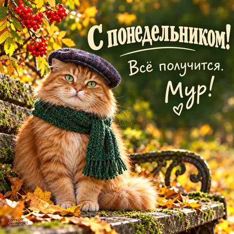 Открытка «Доброе утро» — Уютный понедельник с рыжим котом