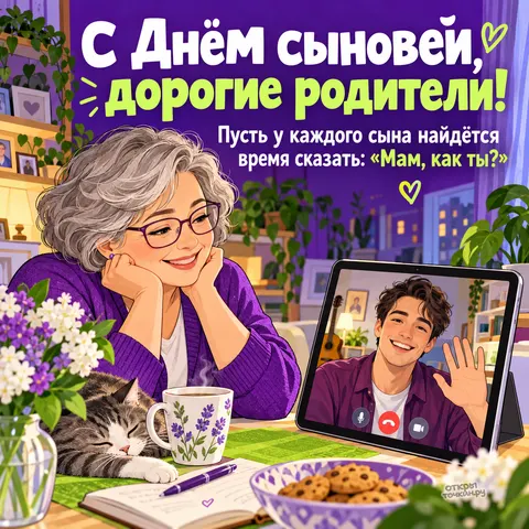Открытка «День сыновей, мама улыбается на видеозвонке с сыном»