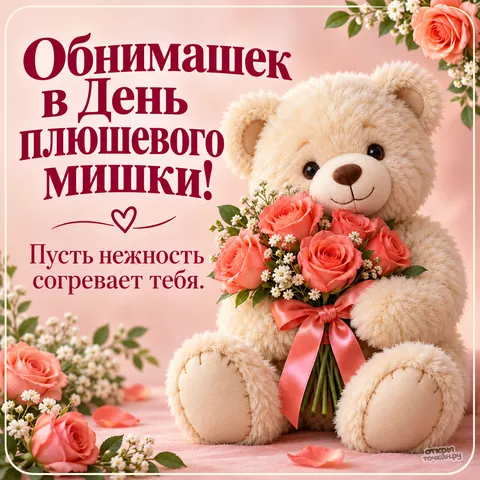 Открытка «День плюшевого мишки, нежный букет»