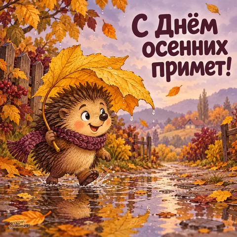 Открытка «День осенних примет, ёжик в фиолетовом шарфе с листом зонтиком в луже»
