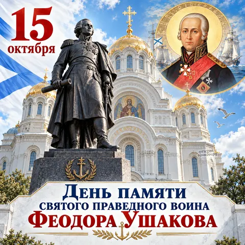 Открытка «Праведный воин Феодор Ушаков, 15 октября, день памяти, памятник, круглая икона и морской собор»