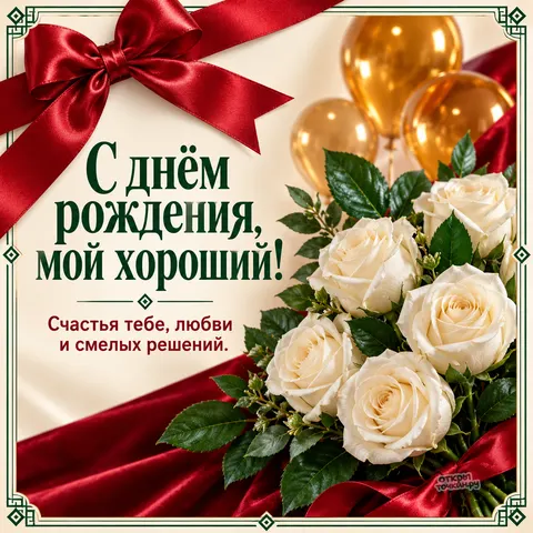 Открытка «С днём рождения парню, белые розы красный бант и золотые шары»