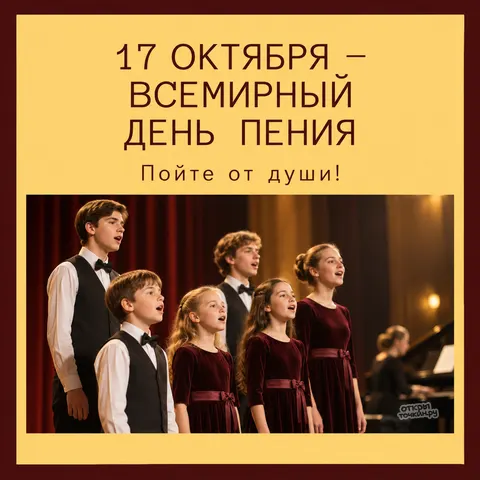 Открытка «Всемирный день пения, 17 октября, детский хор на сцене с роялем, пойте от души»