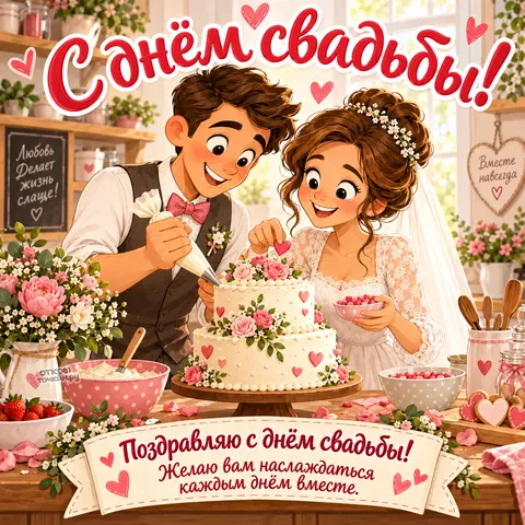 Открытка «С днём свадьбы, молодожёны украшают двухъярусный торт»